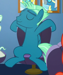 Size: 512x609 | Tagged: safe, screencap, character:short fuse, character:sky stinger, character:vapor trail, species:pegasus, species:pony, episode:top bolt, g4, my little pony: friendship is magic, chair, cropped, eyes closed, male, sitting, smiling, solo focus