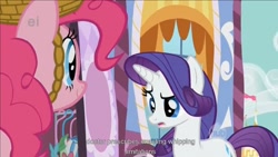 Size: 1176x662 | Tagged: safe, screencap, character:pinkie pie, character:rarity, episode:party of one, g4, my little pony: friendship is magic, ei, hub logo, whipping, youtube caption