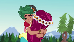 Size: 1280x720 | Tagged: safe, screencap, character:gloriosa daisy, character:timber spruce, equestria girls:legend of everfree, g4, my little pony:equestria girls, brother and sister, camp everfree outfits, clothing, eyes closed, female, hug, male, smiling