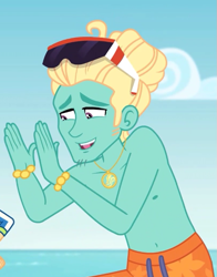 Size: 537x685 | Tagged: safe, screencap, character:zephyr breeze, episode:blue crushed (a.k.a baewatch), g4, my little pony:equestria girls, clothing, cropped, male, partial nudity, shorts, solo, sunglasses, swimming trunks, topless, zephyr's necklace