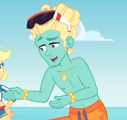 Size: 708x670 | Tagged: safe, screencap, character:applejack, character:zephyr breeze, episode:blue crushed (a.k.a baewatch), g4, my little pony:equestria girls, clothing, cropped, male, offscreen character, partial nudity, shorts, smiling, sunglasses, swimming trunks, topless, zephyr's necklace