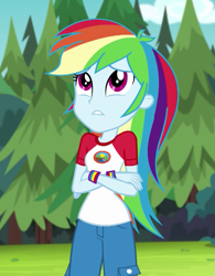 Size: 523x669 | Tagged: safe, screencap, character:rainbow dash, equestria girls:legend of everfree, g4, my little pony:equestria girls, camp everfree outfits, clothing, cropped, crossed arms, female, pants, solo