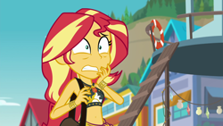 Size: 1920x1080 | Tagged: safe, screencap, character:sunset shimmer, equestria girls:forgotten friendship, g4, my little pony:equestria girls, belly button, clothing, faec, geode of empathy, magical geodes, midriff, solo, summer sunset, swimsuit