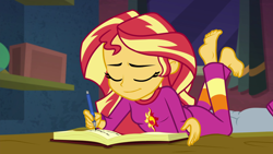 Size: 1920x1080 | Tagged: safe, screencap, character:sunset shimmer, equestria girls:forgotten friendship, g4, my little pony:equestria girls, ass, barefoot, bed, book, bunset shimmer, clothing, eyes closed, feet, female, journal, pajamas, prone, solo, sunset's apartment, writing