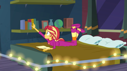 Size: 1920x1080 | Tagged: safe, screencap, character:sunset shimmer, equestria girls:forgotten friendship, g4, my little pony:equestria girls, ass, ass up, bed, book, bunset shimmer, clothing, fairy lights, female, journal, pajamas, reaching, slippers, solo, string lights, sunset's apartment