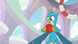 Size: 1280x720 | Tagged: safe, screencap, character:gallus, species:griffon, episode:school daze, g4, my little pony: friendship is magic, animation error, ball, claws, cute, flying, gallabetes, happy, male, paws, smiling, tail, wings