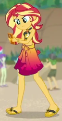 Size: 223x433 | Tagged: safe, screencap, character:sandalwood, character:starlight, character:sunset shimmer, episode:x marks the spot, g4, my little pony:equestria girls, background human, bikini, clothing, cropped, feet, flip-flops, geode of empathy, magical geodes, phone, sandals, starlight, swimsuit