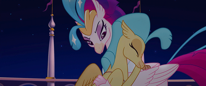 Size: 700x293 | Tagged: safe, screencap, character:princess skystar, character:queen novo, species:classical hippogriff, species:hippogriff, my little pony: the movie (2017), animated, cute, duo, eyes closed, female, gif, grounded, hug, laughing, mother and daughter, night, nuzzling, oh crap face, punishment, subtitles, wide eyes, you are so grounded