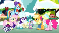 Size: 1280x720 | Tagged: safe, screencap, character:applejack, character:fluttershy, character:pinkie pie, character:rainbow dash, character:rarity, character:spike, species:dragon, species:earth pony, species:pegasus, species:pony, species:unicorn, episode:best gift ever, g4, my little pony: friendship is magic, applejack's hat, bow, christmas, christmas lights, clothing, cowboy hat, earmuffs, female, glasses, hat, holiday, lights, mare, my little pony logo, snow, stetson, winged spike, winter, winter outfit, wreath, youtube thumbnail