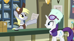 Size: 1334x750 | Tagged: safe, screencap, character:derpy hooves, character:rarity, species:pegasus, species:pony, species:unicorn, episode:best gift ever, g4, my little pony: friendship is magic, clothing, female, glasses, hat, mailmare, mailmare hat, mailpony, mare, post office, scarf, smiling