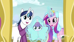 Size: 1334x750 | Tagged: safe, screencap, character:princess cadance, character:princess flurry heart, character:shining armor, species:alicorn, species:pony, species:unicorn, episode:best gift ever, g4, my little pony: friendship is magic, baby, baby pony, clothing, cute, cutedance, family, father and daughter, female, filly, flurrybetes, husband and wife, magic, male, mare, married couple, mother and daughter, scarf, shining adorable, smiling, stallion, star flurry heart