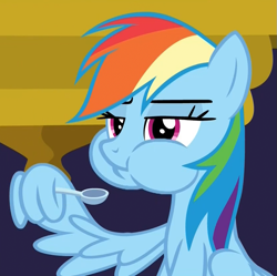 Size: 835x832 | Tagged: safe, screencap, character:rainbow dash, species:pegasus, species:pony, episode:best gift ever, g4, my little pony: friendship is magic, :t, aweeg*, chubby cheeks, cropped, cute, dashabetes, eating, female, frown, lidded eyes, mare, puffy cheeks, sitting, solo, spoon, wing hands, wingers