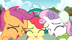 Size: 1920x1080 | Tagged: safe, screencap, character:apple bloom, character:scootaloo, character:sweetie belle, species:pegasus, species:pony, episode:best gift ever, g4, my little pony: friendship is magic, cute, cutie mark crusaders, earmuffs, eyes closed, female, filly, foal, snow, trio