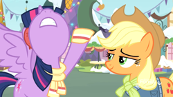 Size: 1920x1080 | Tagged: safe, screencap, character:applejack, character:twilight sparkle, character:twilight sparkle (alicorn), species:alicorn, species:pony, episode:best gift ever, g4, my little pony: friendship is magic, amused, animation error, clothing, duo, earmuffs, female, looking up, mare, raised hoof, scarf, smiling, snow, spread wings, wings