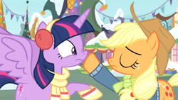 Size: 1920x1080 | Tagged: safe, screencap, character:applejack, character:twilight sparkle, character:twilight sparkle (alicorn), species:alicorn, species:pony, episode:best gift ever, g4, my little pony: friendship is magic, boop, clothing, duo, earmuffs, eyes closed, female, mare, nose wrinkle, raised hoof, scarf, snow, spread wings, wings