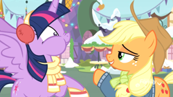 Size: 1920x1080 | Tagged: safe, screencap, character:applejack, character:twilight sparkle, character:twilight sparkle (alicorn), species:alicorn, species:pony, episode:best gift ever, g4, my little pony: friendship is magic, clothing, duo, earmuffs, female, mare, nose wrinkle, puffy cheeks, scarf, snow, spread wings, wings