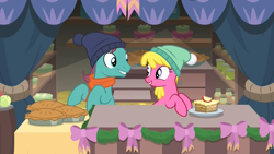 Size: 1920x1080 | Tagged: safe, screencap, character:cherry berry, species:earth pony, species:pony, episode:best gift ever, g4, my little pony: friendship is magic, autumn leaf, background pony, bow, cake, curtains, decoration, duo, female, food, jar, male, mare, pie, ponies standing next to each other, stallion, vendor, vendor stall