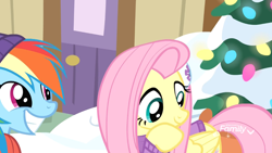 Size: 1920x1080 | Tagged: safe, screencap, character:fluttershy, character:rainbow dash, species:pegasus, species:pony, episode:best gift ever, g4, my little pony: friendship is magic, cute, duo, earmuffs, female, grin, mare, pondering, smiling, snow