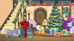 Size: 1920x1080 | Tagged: safe, screencap, character:apple bloom, character:cloudy quartz, character:grand pear, character:limestone pie, species:earth pony, species:pony, episode:best gift ever, g4, my little pony: friendship is magic, apple, bookshelf, bow, christmas, christmas lights, christmas tree, clothing, decoration, discovery family logo, earmuffs, female, filly, food, garland, gift wrapped, hat, hearth's warming tree, holiday, lamp, male, mare, pear, present, pushing, ribbon, rock, rug, scarf, stallion, sweet apple acres, tree, when you see it, wreath