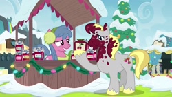 Size: 1920x1080 | Tagged: safe, screencap, character:hugh jelly, species:earth pony, species:pony, episode:best gift ever, g4, my little pony: friendship is magic, book, cherry jumble, christmas, christmas lights, christmas ornament, clothing, decoration, discovery family logo, earmuffs, female, food, hearth's warming tree, holiday, jar, jelly, male, mare, rainbow falls (location), scarf, snow, stallion, tree, vendor stall