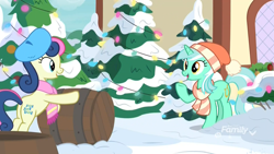 Size: 1920x1080 | Tagged: safe, screencap, character:bon bon, character:lyra heartstrings, character:sweetie drops, species:earth pony, species:pony, species:unicorn, episode:best gift ever, g4, my little pony: friendship is magic, barrel, beret, best friends, bipedal, bipedal leaning, christmas, christmas lights, clothing, discovery family logo, eye contact, female, hat, holiday, leaning, looking at each other, mare, pine tree, ponyville, pushing, scarf, shipping fuel, tree