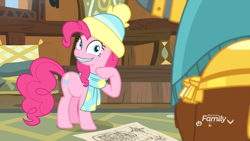 Size: 1920x1080 | Tagged: safe, screencap, character:pinkie pie, character:prince rutherford, species:earth pony, species:pony, species:yak, episode:best gift ever, g4, my little pony: friendship is magic, clothing, female, hat, mare, scarf, solo focus, zipper, zippermouth