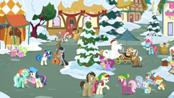 Size: 1920x1080 | Tagged: safe, screencap, character:alula, character:berry punch, character:berryshine, character:bon bon, character:bulk biceps, character:cheerilee, character:cranky doodle donkey, character:cup cake, character:daisy, character:dj pon-3, character:doctor whooves, character:lily, character:lily valley, character:lyra heartstrings, character:matilda, character:mochaccino, character:octavia melody, character:peach fuzz, character:pluto, character:pound cake, character:pumpkin cake, character:rare find, character:roseluck, character:sweetie drops, character:time turner, character:train tracks, character:vinyl scratch, species:earth pony, species:pegasus, species:pony, species:unicorn, episode:best gift ever, g4, my little pony: friendship is magic, beret, best friends, cake twins, cart, cello, christmas, christmas lights, cinnamon nuts, clothing, coat, decoration, earmuffs, female, flower trio, food, gallop j. fry, hat, headphones, hearth's warming tree, holiday, male, mare, musical instrument, nut cart, ponyville, santa hat, scarf, snow, stallion, tent, tree, vendor, vendor stall
