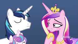 Size: 855x481 | Tagged: safe, screencap, character:princess cadance, character:princess flurry heart, character:shining armor, species:pony, species:unicorn, ship:shiningcadance, episode:best gift ever, g4, my little pony: friendship is magic, blushing, duo focus, eyes closed, female, hoof shoes, lidded eyes, male, mare, shipping, stallion, straight