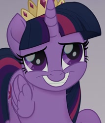 Size: 687x803 | Tagged: safe, screencap, character:twilight sparkle, character:twilight sparkle (alicorn), species:alicorn, species:pony, my little pony: the movie (2017), cropped, crown, cute, grin, jewelry, nervous, nervous grin, regalia, smiling, solo, twiabetes