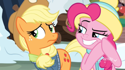 Size: 1920x1080 | Tagged: safe, screencap, character:applejack, character:pinkie pie, species:earth pony, species:pony, episode:best gift ever, g4, my little pony: friendship is magic, :s, close-up, clothing, discovery family logo, duo, evil grin, female, grin, hat, jacket, mare, raised eyebrow, rubbing hooves, scarf, smiling, snow, wavy mouth