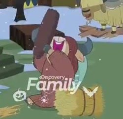 Size: 281x271 | Tagged: safe, screencap, character:yona, species:yak, episode:best gift ever, g4, my little pony: friendship is magic, cloven hooves, cropped, discovery family logo, female, happy, hay bale, yak smash, yakyakistan