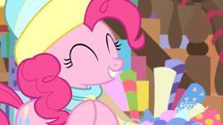 Size: 1920x1080 | Tagged: safe, screencap, character:pinkie pie, species:earth pony, species:pony, episode:best gift ever, g4, my little pony: friendship is magic, clothing, diabetes, eyes closed, female, hat, mare, scarf, smiling, solo