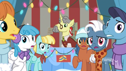 Size: 1920x1080 | Tagged: safe, screencap, character:flim, character:helia, character:white lightning, species:earth pony, species:pegasus, species:pony, species:unicorn, episode:best gift ever, g4, my little pony: friendship is magic, background pony, christmas, christmas lights, clean sweep, clothing, discovery family logo, disguise, fake moustache, female, fire, glasses, heart pacer, holiday, love sketch, male, mare, rainbow falls (location), scarf, snow, stallion, unnamed pony, vendor stall, warm front, wig