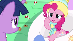Size: 912x513 | Tagged: safe, screencap, character:pinkie pie, character:twilight sparkle, character:twilight sparkle (alicorn), species:alicorn, species:earth pony, species:pony, episode:best gift ever, g4, my little pony: friendship is magic, candy, candy cane, celestia's cutie mark, cookie, female, floaty, food, inflatable, inflatable toy, mare, pool toy, pudding, puddinghead's pudding
