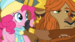 Size: 1920x1080 | Tagged: safe, screencap, character:pinkie pie, character:prince rutherford, species:earth pony, species:pony, species:yak, episode:best gift ever, g4, my little pony: friendship is magic, clothing, cloven hooves, duckface, duo, ear piercing, earring, female, hat, jewelry, male, mare, piercing, quiet, scarf, shifty eyes, suspicious