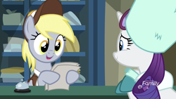 Size: 1920x1080 | Tagged: safe, screencap, character:derpy hooves, character:rarity, species:pegasus, species:pony, species:unicorn, episode:best gift ever, g4, my little pony: friendship is magic, bell, clothing, discovery family logo, female, hat, mailmare, mailmare hat, mare, open mouth, paper, post office, reading, uniform