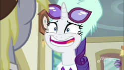 Size: 960x540 | Tagged: safe, screencap, character:derpy hooves, character:rarity, species:pony, species:unicorn, episode:best gift ever, g4, my little pony: friendship is magic, awkward smile, clothing, cute, faec, female, glasses, hat, majestic as fuck, mare, raribetes