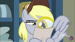 Size: 960x540 | Tagged: safe, screencap, character:derpy hooves, species:pony, episode:best gift ever, g4, my little pony: friendship is magic, clothing, female, hat, magnifying glass, mailmare hat, mare, solo, wing hands