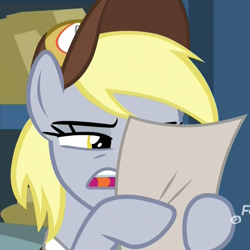 Size: 1079x1078 | Tagged: safe, screencap, character:derpy hooves, species:pegasus, species:pony, episode:best gift ever, g4, my little pony: friendship is magic, clothing, cropped, female, hat, hoof hold, mailmare, mailmare hat, mare, narrowed eyes, open mouth, reaction image, reading, squint, what the fuck am i reading
