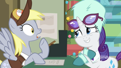 Size: 1920x1080 | Tagged: safe, screencap, character:derpy hooves, character:rarity, species:pegasus, species:pony, species:unicorn, episode:best gift ever, g4, my little pony: friendship is magic, bipedal, bipedal leaning, boots, cash register, christmas, christmas lights, clothing, duo, female, gasp, hat, holiday, leaning, mailmare hat, mare, open mouth, paper, post office, shirt, shoes, smiling, spread wings, sunglasses, surprised, uncomfortable, uniform, wings