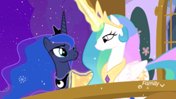 Size: 1920x1080 | Tagged: safe, screencap, character:princess celestia, character:princess luna, species:alicorn, species:pony, episode:best gift ever, g4, my little pony: friendship is magic, balcony, blanket, cute, cutelestia, discovery family logo, duo, duo female, ethereal mane, female, galaxy mane, glowing horn, jewelry, looking at each other, lunabetes, magic, magic aura, mare, momlestia fuel, night, peytral, plant, regalia, royal sisters, sisterly love, sisters, smiling, snow, snowfall, snowflake, telekinesis