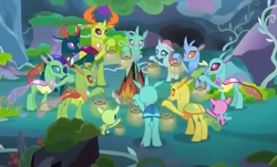 Size: 656x396 | Tagged: safe, screencap, character:ocellus, character:pharynx, character:prince pharynx, character:thorax, species:changedling, species:changeling, species:reformed changeling, episode:best gift ever, g4, my little pony: friendship is magic, axilla, background changeling, carapace (character), changedling brothers, clypeus, cropped, fake campfire, female, lantern, lumbar, male, spiracle
