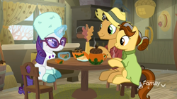 Size: 1920x1080 | Tagged: safe, screencap, character:butternut, character:oak nut, character:rarity, species:earth pony, species:pony, species:unicorn, episode:best gift ever, g4, my little pony: friendship is magic, acorn, boots, broom, chair, clothing, cup, curtains, discovery family logo, dress, farm, farmhouse, female, food, glowing horn, hat, kitchen, levitation, magic, magic aura, male, mare, oak leaf, oven, rope, shirt, shoes, sitting, stallion, sunglasses, sweet acorn orchard, table, tea, teacup, teapot, telekinesis