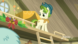 Size: 1920x1080 | Tagged: safe, screencap, character:pistachio, species:earth pony, species:pony, episode:best gift ever, g4, my little pony: friendship is magic, >:), acorn, bed, bow, christmas ornament, clothing, decoration, discovery family logo, farmhouse, hat, ladder, loft, male, scarf, sweet acorn orchard, teenager