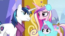 Size: 1920x1080 | Tagged: safe, screencap, character:princess cadance, character:princess flurry heart, character:shining armor, species:alicorn, species:pony, episode:best gift ever, g4, my little pony: friendship is magic, clothing, discovery family logo, earmuffs, eye contact, family, father and daughter, female, foal, husband and wife, looking at each other, male, mare, married couple, mother and daughter, scarf, snowsuit, stallion, star flurry heart, trio, twilight's castle, understanding