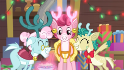 Size: 1920x1080 | Tagged: safe, screencap, character:alice, character:aurora, character:bori, species:deer, species:reindeer, episode:best gift ever, g4, my little pony: friendship is magic, apron, bell, clothing, colored hooves, deer magic, discovery family logo, ear piercing, earring, female, glowing antlers, grove of the gift givers, jewelry, levitation, magic, magic aura, piercing, shawl, smiling, telekinesis, the gift givers, trio