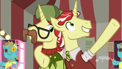 Size: 1920x1080 | Tagged: safe, screencap, character:flam, character:flim, species:pony, species:unicorn, episode:best gift ever, g4, my little pony: friendship is magic, brothers, christmas sweater, clothing, disguise, duo, fake moustache, flim flam brothers, glasses, hat, holly the hearths warmer doll, hug, male, necktie, shirt, stallion, sweater, tent