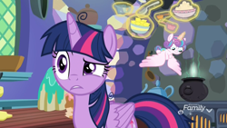 Size: 1920x1080 | Tagged: safe, screencap, character:princess flurry heart, character:twilight sparkle, character:twilight sparkle (alicorn), species:alicorn, species:pony, episode:best gift ever, g4, my little pony: friendship is magic, confused, female, filly, flying, foal, food, glowing horn, lemon, levitation, magic, magic aura, mare, messy mane, mischief, mischievous, oven, pudding, puddinghead's pudding, raised eyebrow, telekinesis, this will end in tears