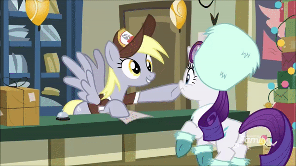Size: 600x338 | Tagged: safe, screencap, character:derpy hooves, character:rarity, species:pegasus, species:pony, species:unicorn, episode:best gift ever, g4, my little pony: friendship is magic, animated, boop, clothing, cute, duo, female, gif, hat, mailmare, mailmare hat, mare, post office