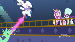 Size: 1920x1080 | Tagged: safe, screencap, character:princess cadance, character:princess flurry heart, character:rarity, character:shining armor, species:alicorn, species:pony, species:unicorn, episode:best gift ever, g4, my little pony: friendship is magic, badass, blast, discovery family logo, female, filly, foal, food, glowing horn, hoof shoes, magic, magic blast, male, mare, pudding, puddinghead's pudding, shocked, somersault, stallion, surprised, tongue out, twilight's castle